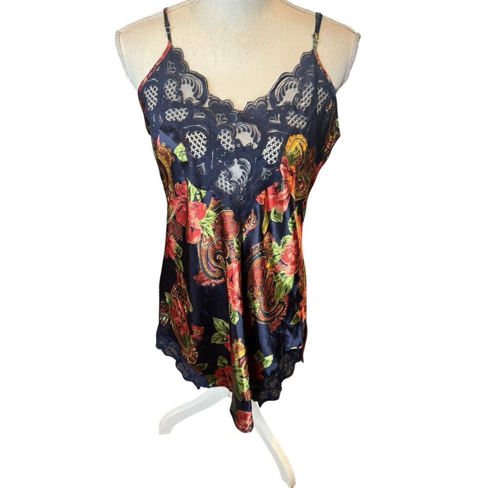 Vintage Victorias Secret Babydoll Nightie Gold Label Red Floral Black Lace Sz L